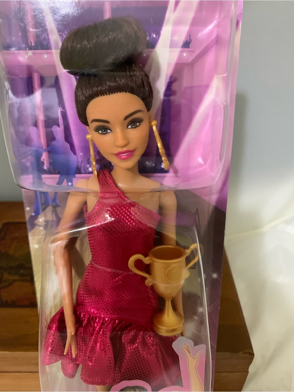 Barbie Ballroom Dancer Fabulous Magenta Dress Gold Earrings Battle Bun Trophy